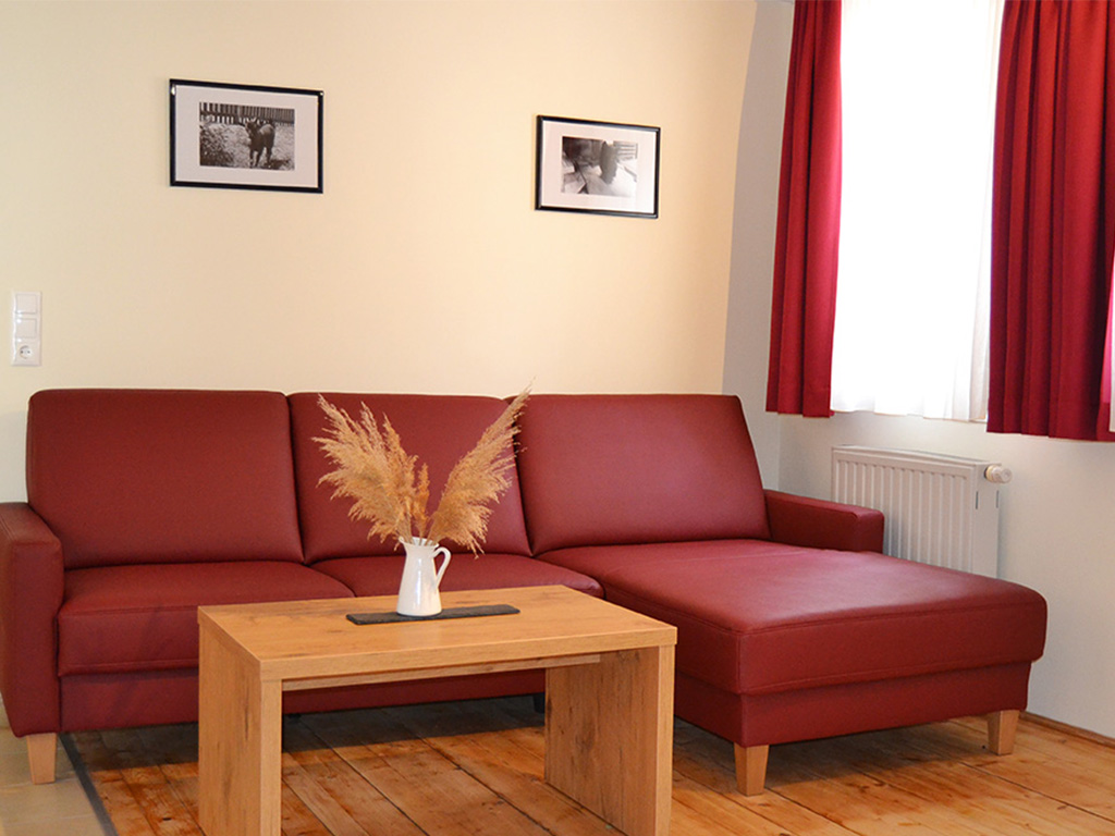 wohnung libelle mit wohnbereich mit rotem sofa