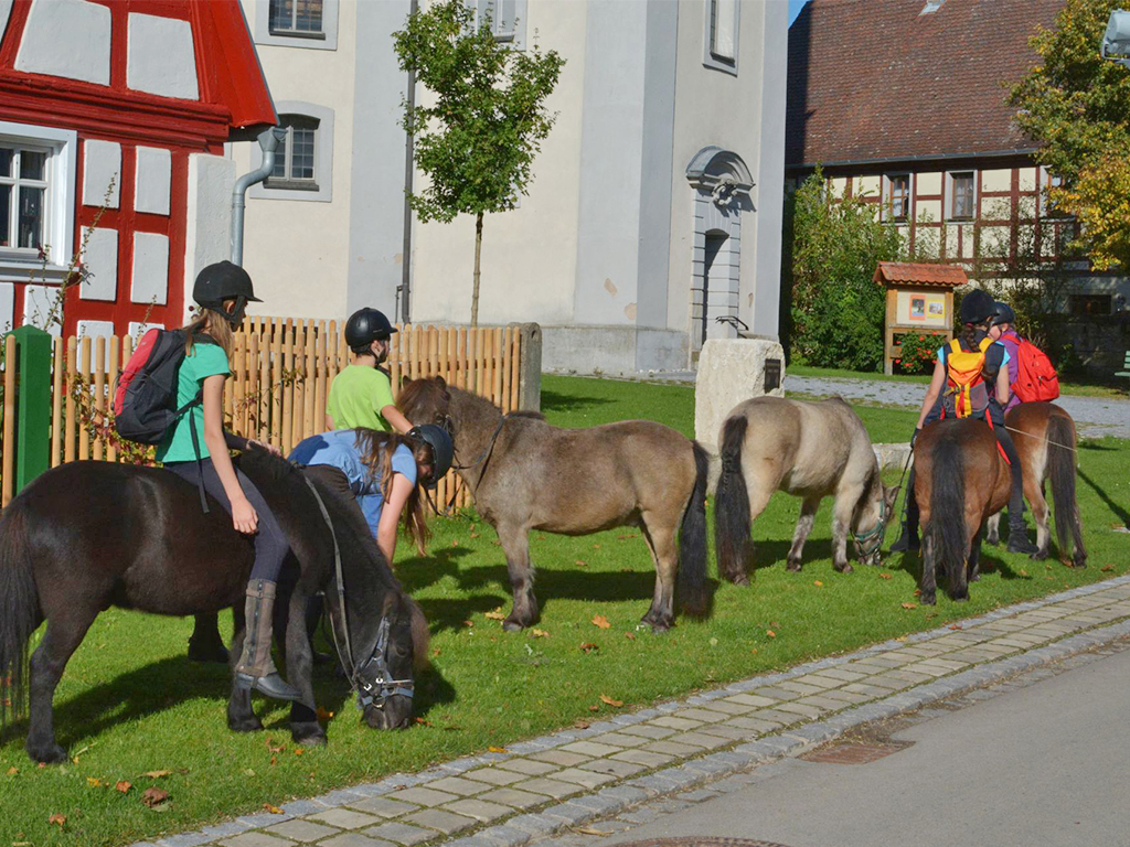 mehrere kinder sind mit ponys im dorf binzwangen unterwegs
