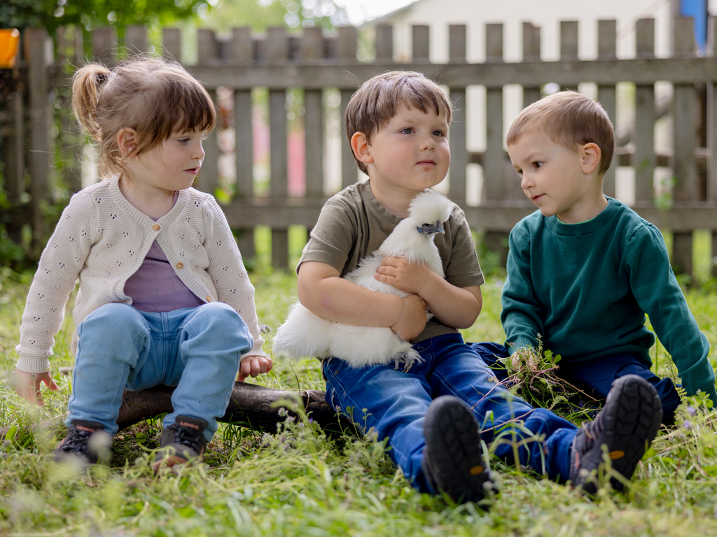 3 Kinder mit einem weißen Huhn