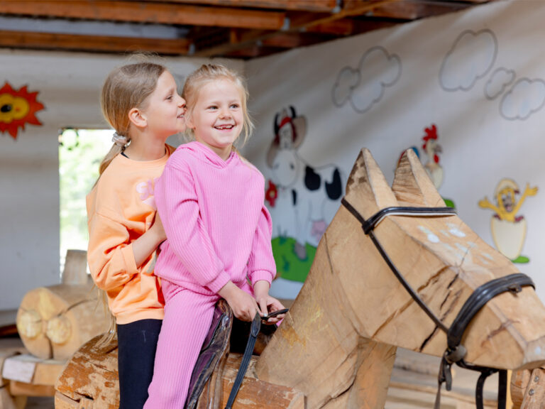 zwei kinder spielen mit dem holzpferd